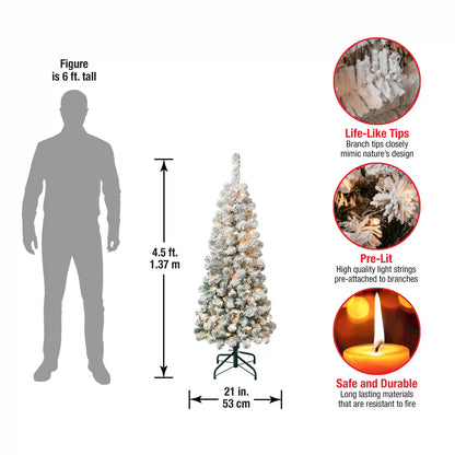 4.5 ft. Pre-Lit Acacia Pencil Slim Flocked Tree with Clear Lights, Plug-In