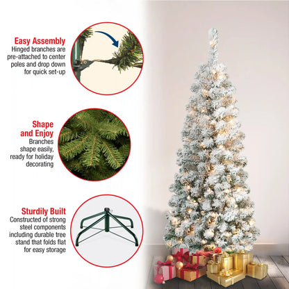 4.5 ft. Pre-Lit Acacia Pencil Slim Flocked Tree with Clear Lights, Plug-In