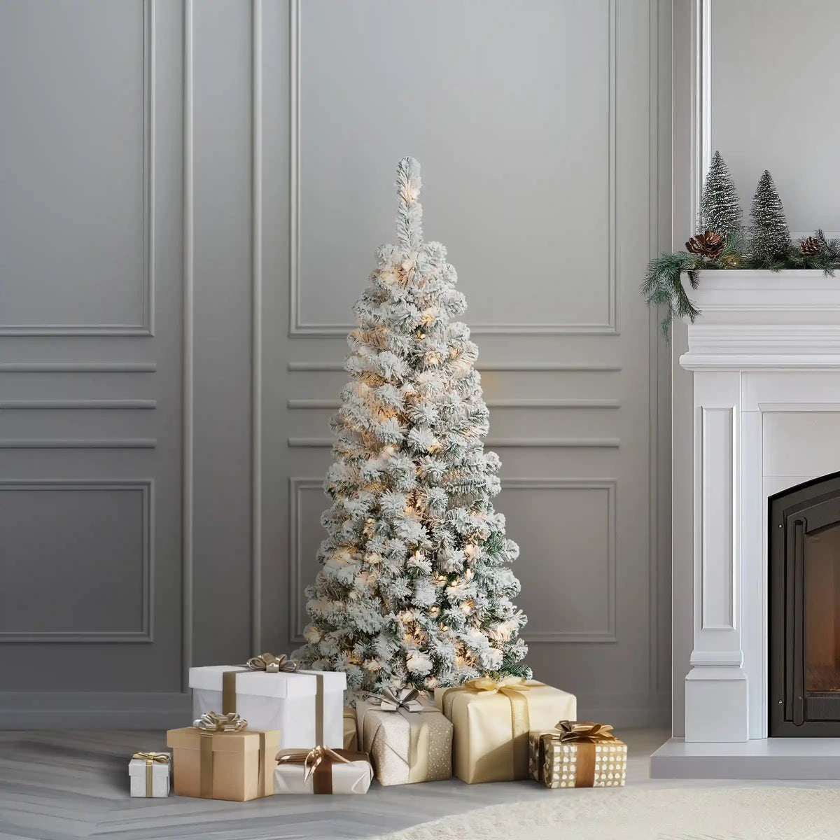 4.5 ft. Pre-Lit Acacia Pencil Slim Flocked Tree with Clear Lights, Plug-In