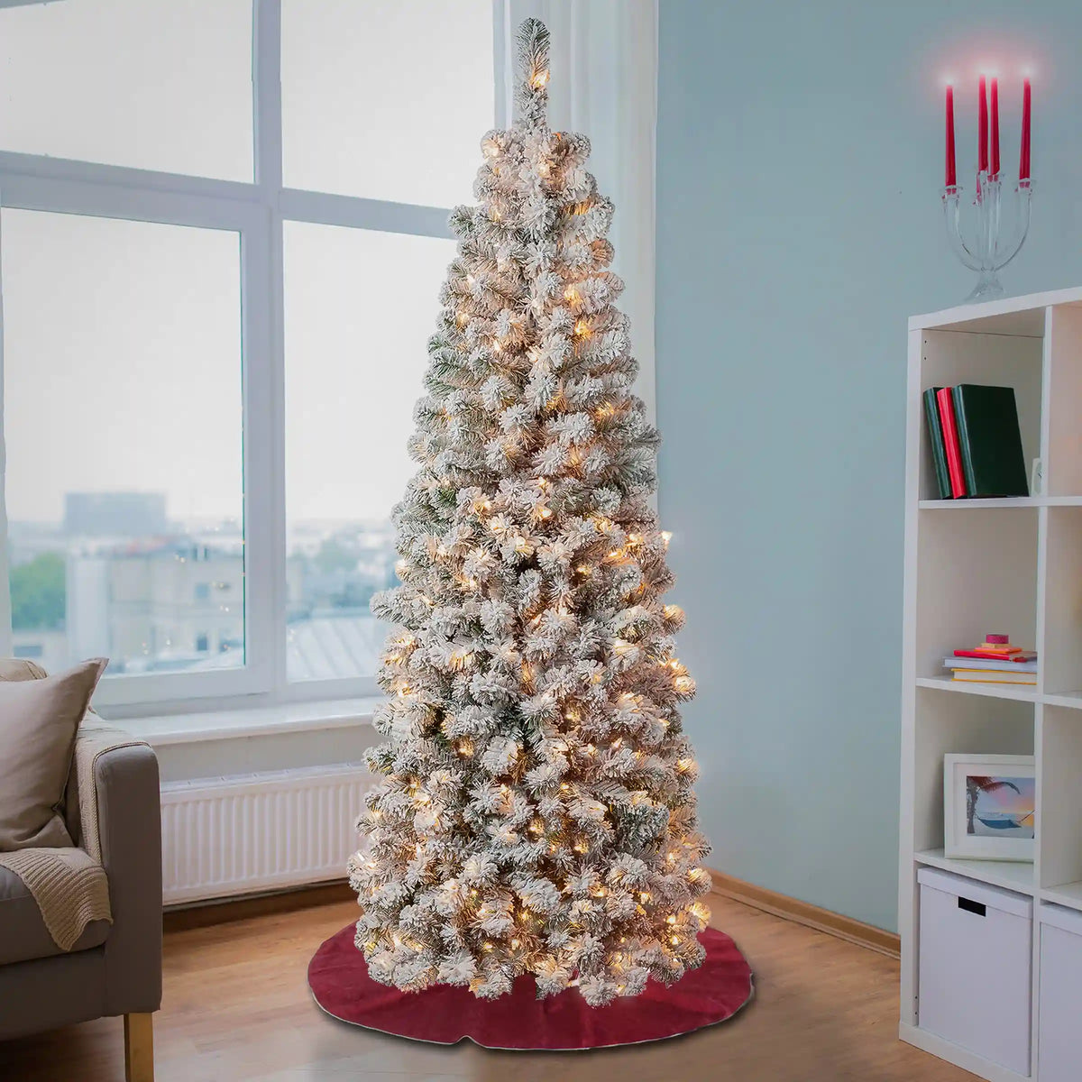 6 ft. Pre-Lit Acacia Pencil Slim Flocked Tree with Clear Lights, Plug-In