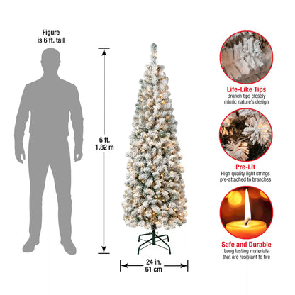 6 ft. Pre-Lit Acacia Pencil Slim Flocked Tree with Clear Lights, Plug-In