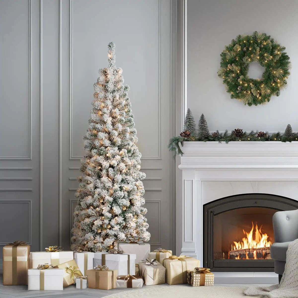 6 ft. Pre-Lit Acacia Pencil Slim Flocked Tree with Clear Lights, Plug-In