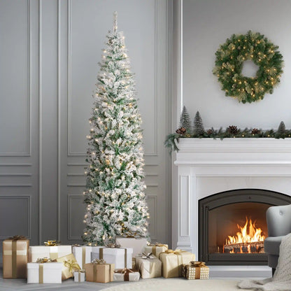 7.5 ft. Pre-Lit Acacia Pencil Slim Flocked Tree with Clear Lights, Plug-In