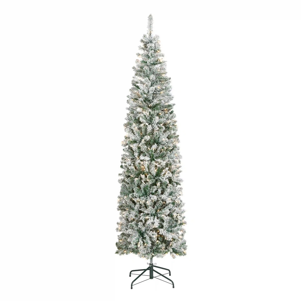 7.5 ft. Pre-Lit Acacia Pencil Slim Flocked Tree with Clear Lights, Plug-In