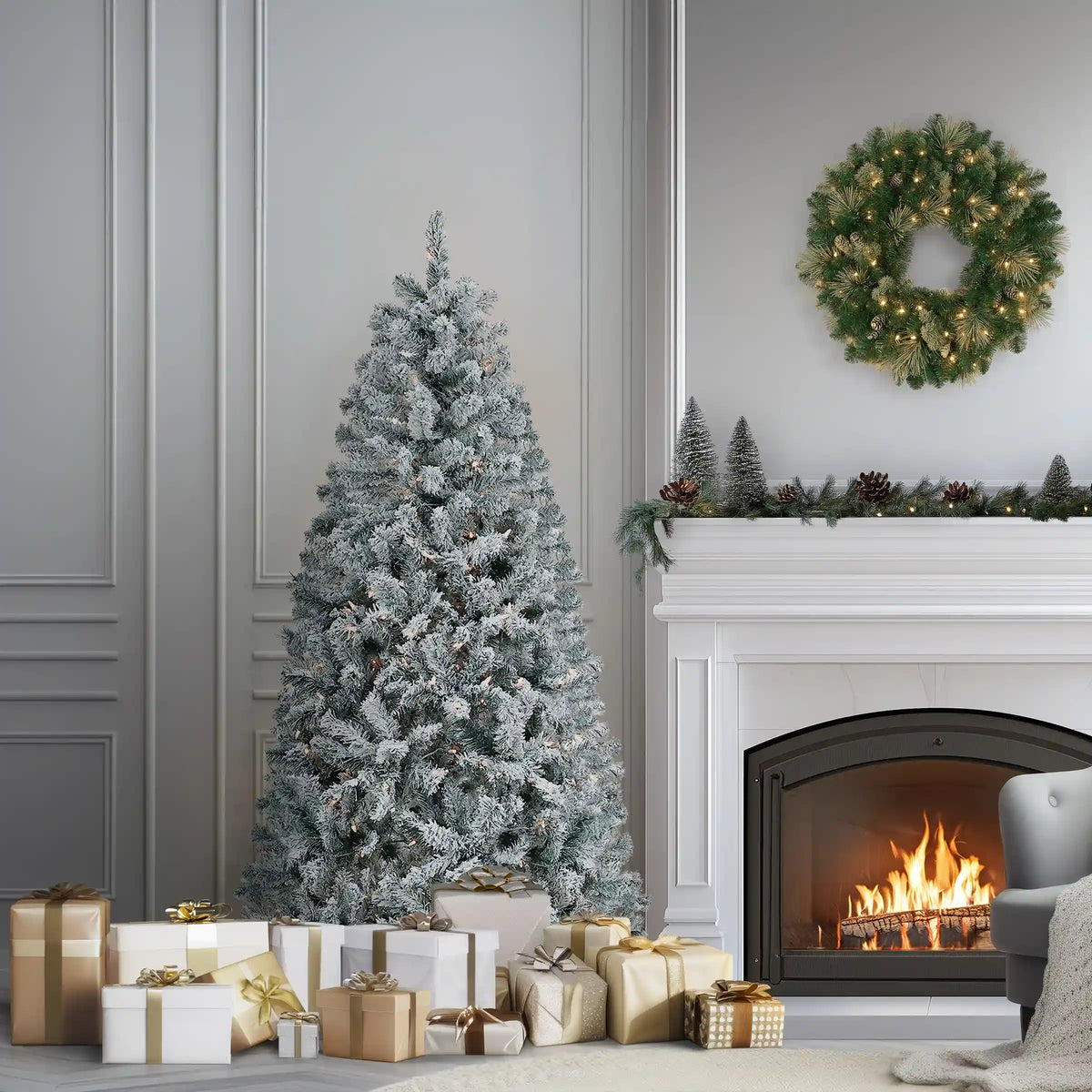 6 ft. Pre-Lit Acacia Flocked Tree with Clear Lights, Plug-In