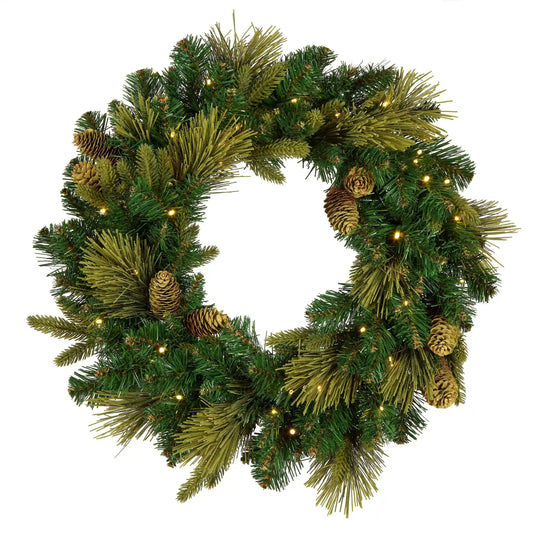 24 in. Pre-Lit Carolina Pine Wreath with Warm White LED Lights