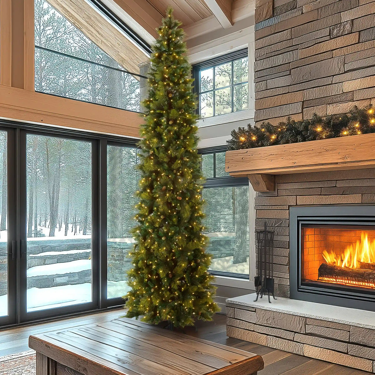 12 ft. Pre-Lit Carolina Pine Slim Tree with Clear Lights, Plug-In