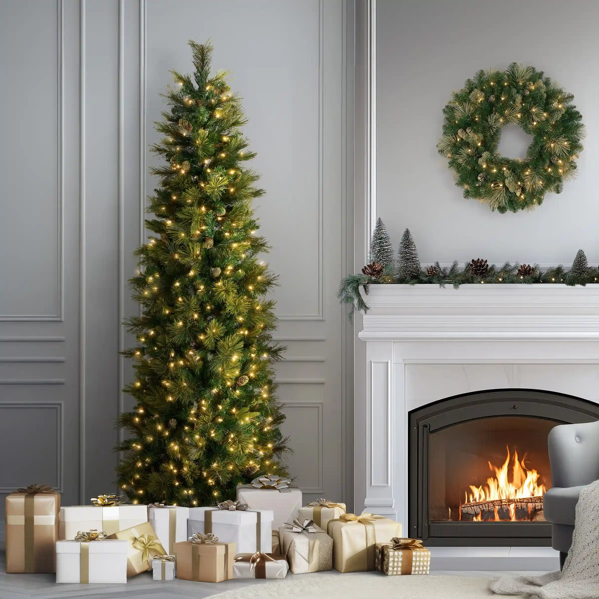7.5 ft. Pre-Lit Carolina Pine Slim Tree with Clear Lights, Plug-In