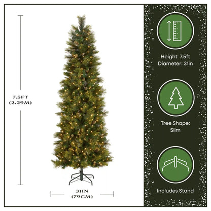 7.5 ft. Pre-Lit Carolina Pine Slim Tree with Clear Lights, Plug-In