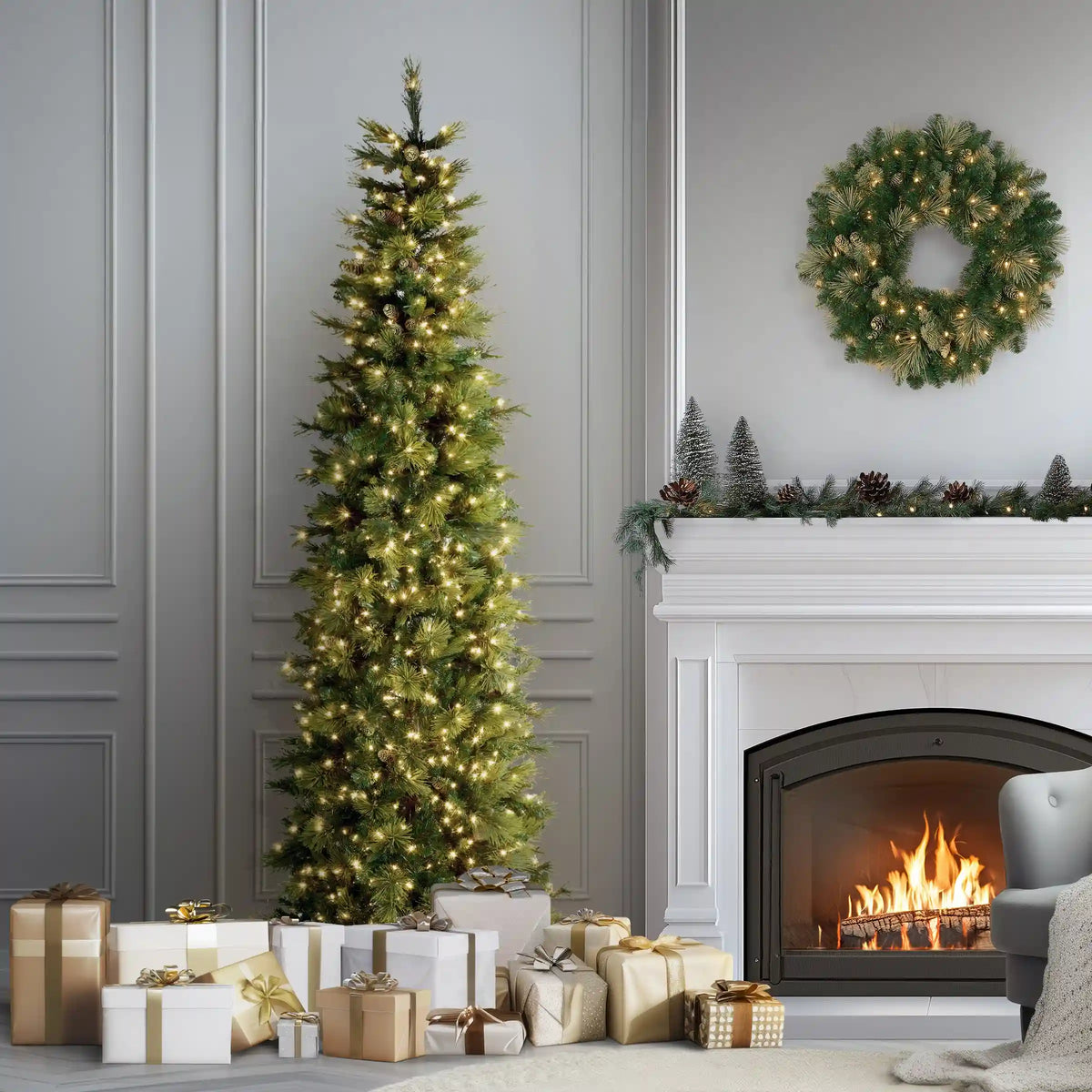 9 ft. Pre-Lit Carolina Pine Slim Tree with Clear Lights