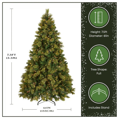 7.5 ft. Pre-Lit Carolina Pine Hinged Tree with 1000 Clear Lights, Plug-In
