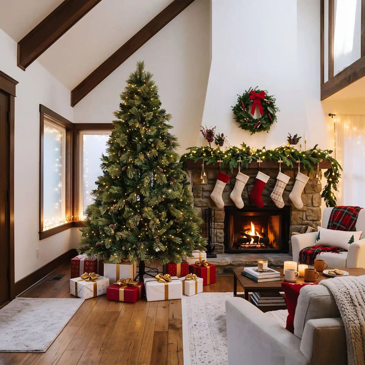9 ft. Pre-Lit Carolina Pine Tree with Clear Lights with 1200 Clear Lights, Plug-In