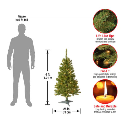 4 ft. Pre-Lit Canadian Fir Tree with Clear Lights, Plug-In