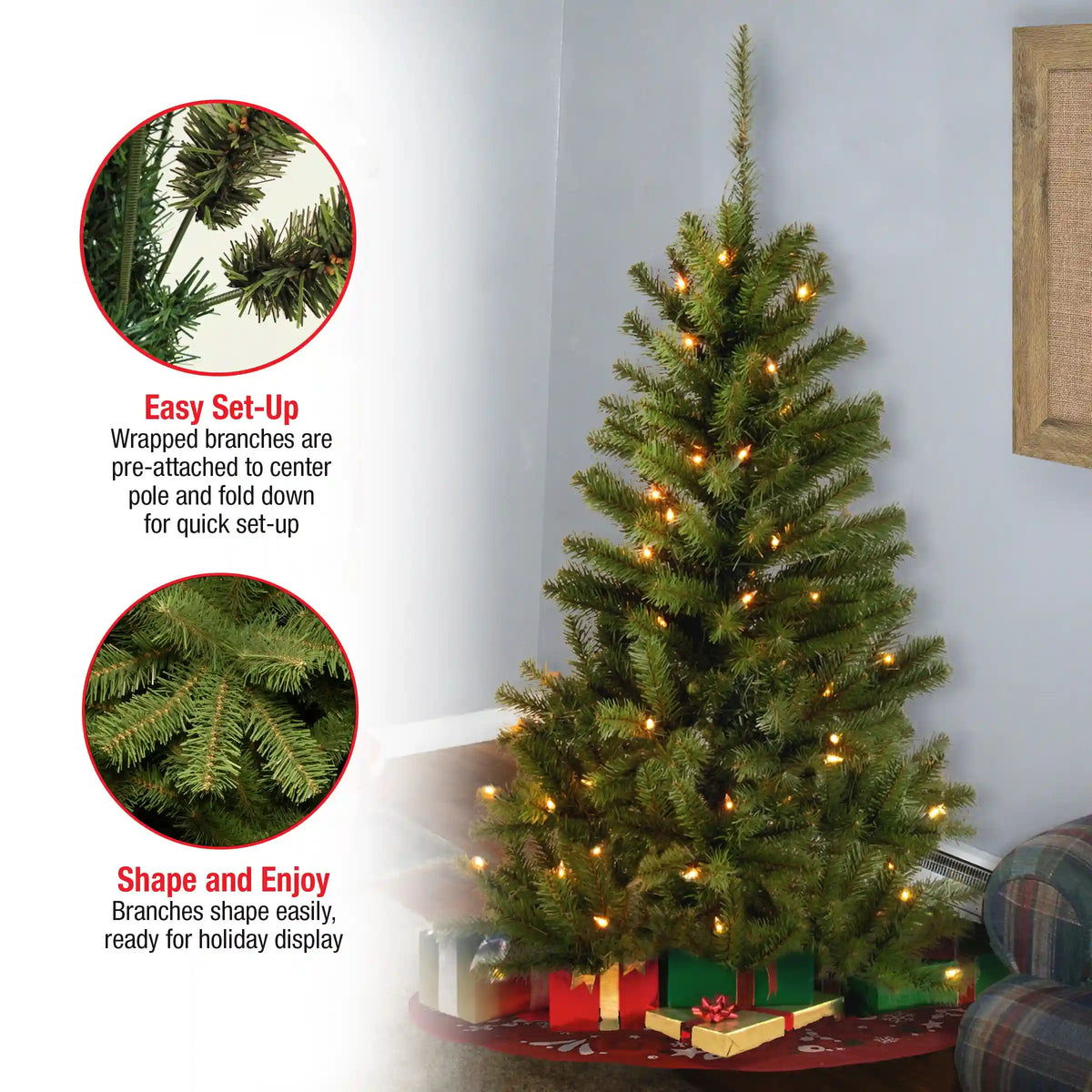 4 ft. Pre-Lit Canadian Fir Tree with Clear Lights, Plug-In