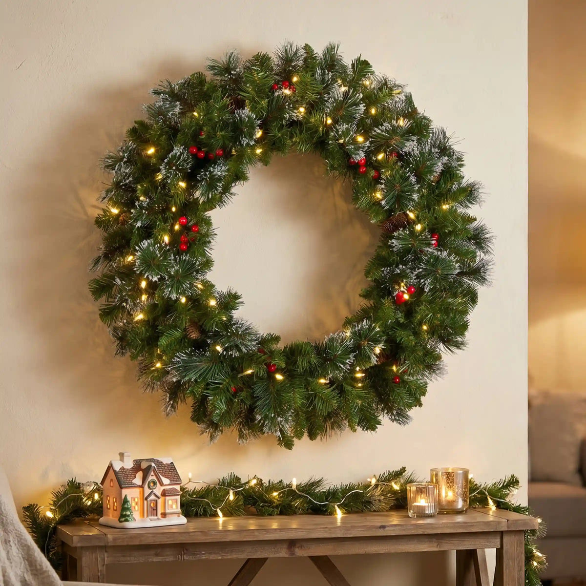30 in. Pre-Lit Crestwood Spruce Wreath with Warm White LED Lights
