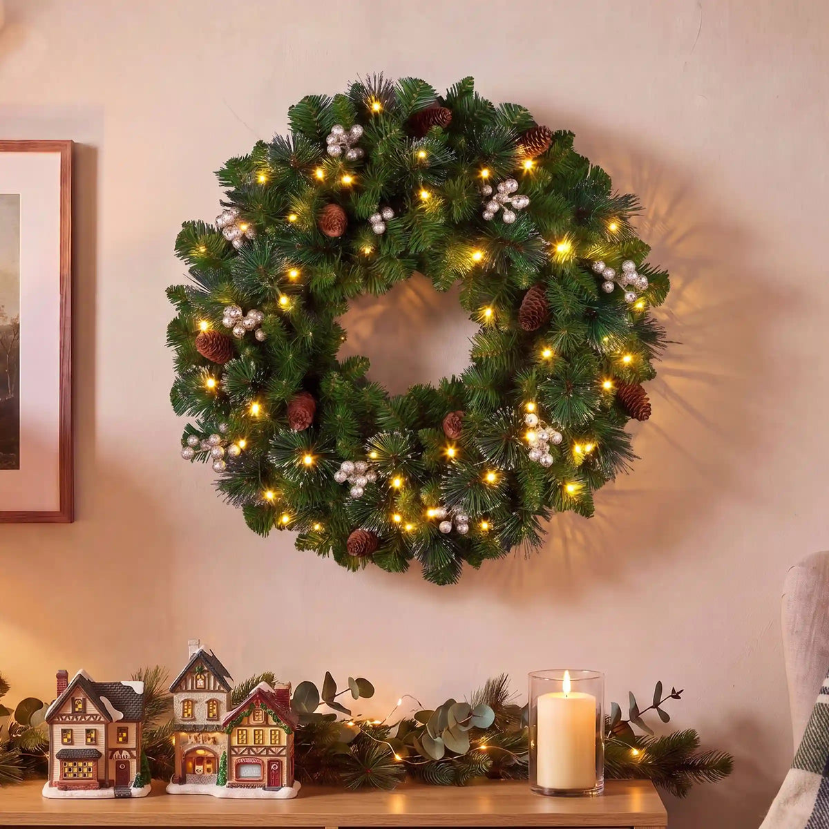 24 in. Crestwood Gold Spruce Wreath with Warm White LED Lights