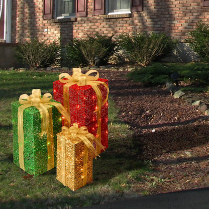 Pre-Lit Multicolor Gift Boxes, Set of Three, White Lights, Plug-In