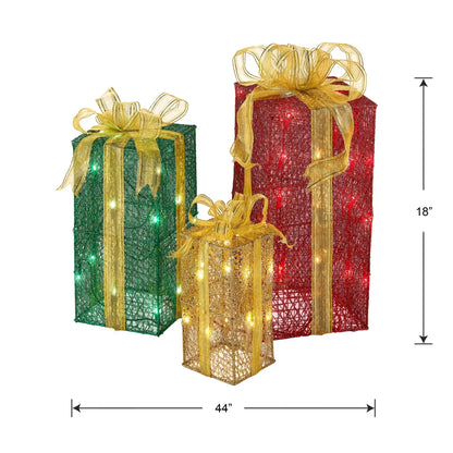 Pre-Lit Multicolor Gift Boxes, Set of Three, White Lights, Plug-In