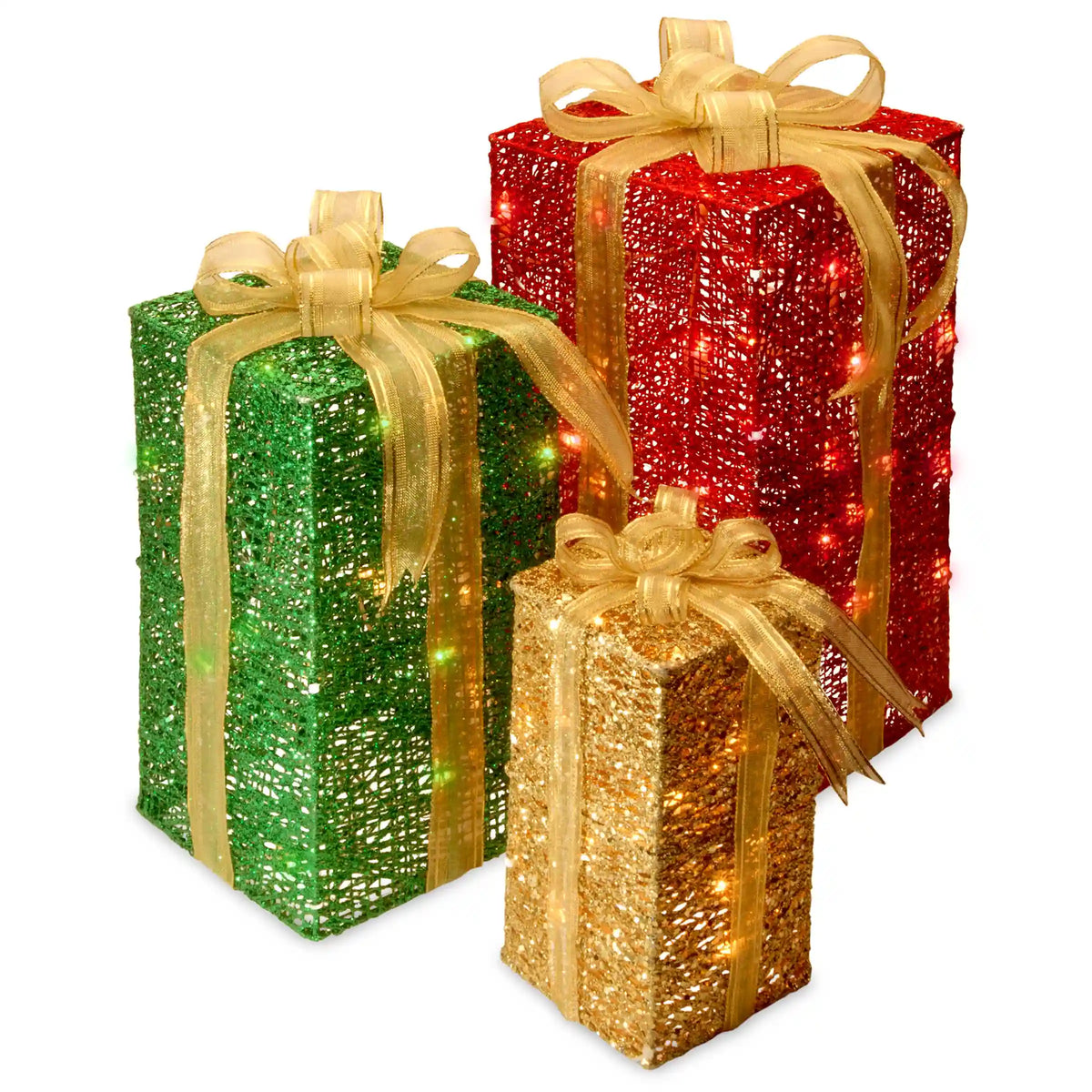 Pre-Lit Multicolor Gift Boxes, Set of Three, White Lights, Plug-In
