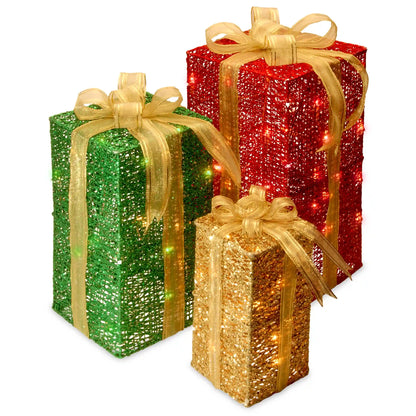 Pre-Lit Multicolor Gift Boxes, Set of Three, White Lights, Plug-In