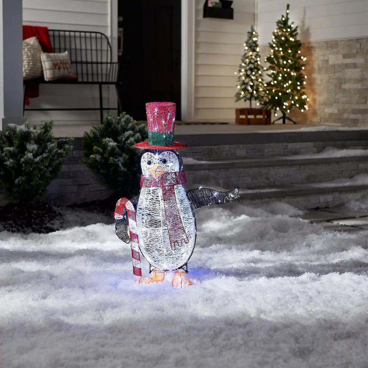 36 in. Pre Lit Penguin with Red Top Hat and Candy Cane Decor, Plug-In