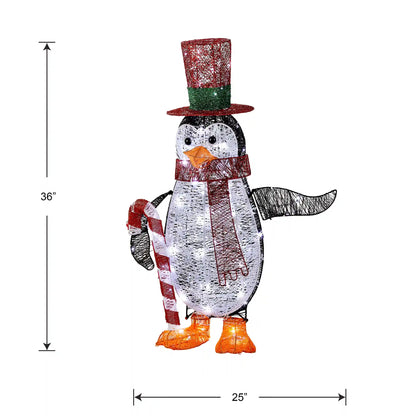 36 in. Pre Lit Penguin with Red Top Hat and Candy Cane Decor, Plug-In