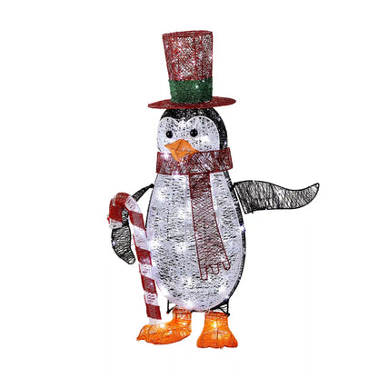 36 in. Pre Lit Penguin with Red Top Hat and Candy Cane Decor, Plug-In