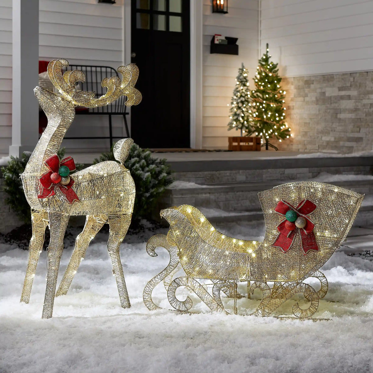 48 in. Champagne Reindeer Pulling 38 in. Sleigh, Plug-In