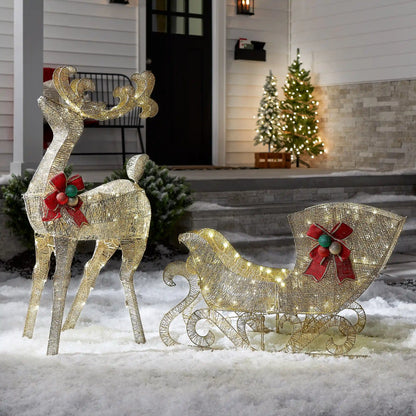 48 in. Champagne Reindeer Pulling 38 in. Sleigh, Plug-In