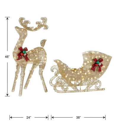 48 in. Champagne Reindeer Pulling 38 in. Sleigh, Plug-In