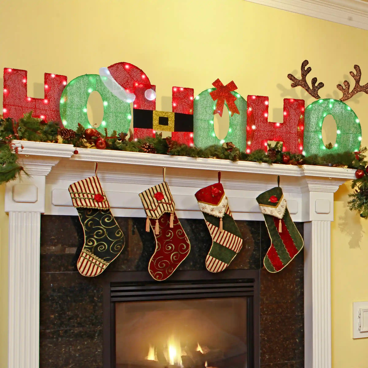 23 in. Tinsel Fabric HO HO HO Sign with Red and Cool White LED Lights, Plug-In
