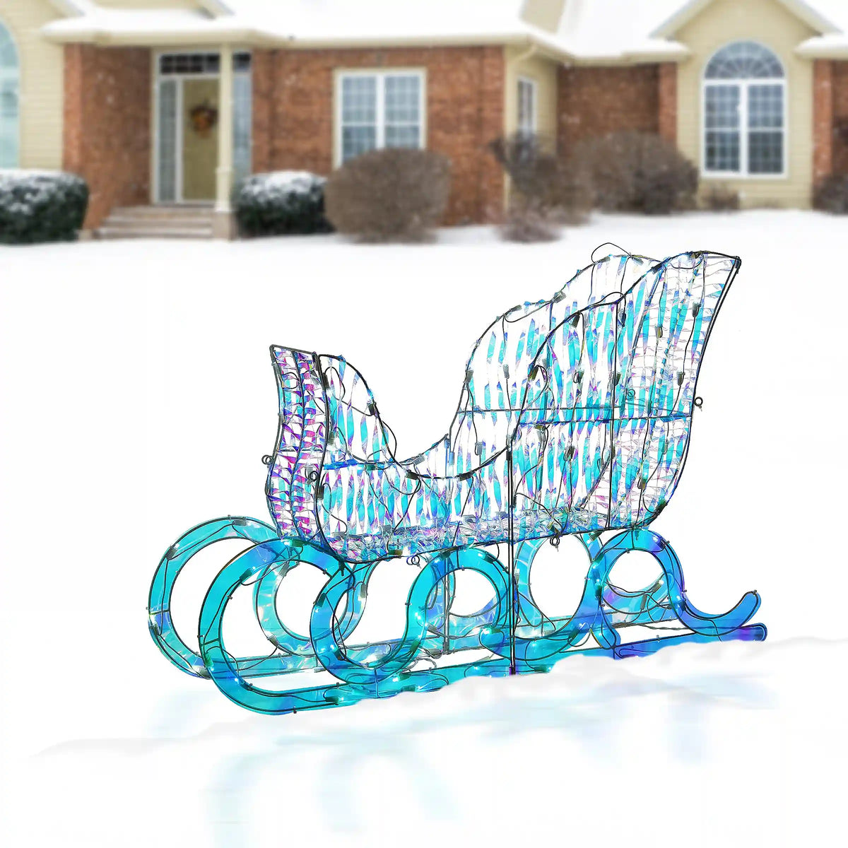 26 in. Pre Lit Iridescent Santa Sleigh Decoration, Strung with 105 Cool White LED Lights, Plug-In