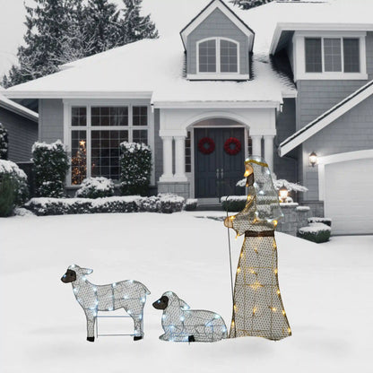 41 in., 18 in. and 12 in. Fabric Glitter Shepherd and Sheep Set with Warm and Cool White Steady LED Lights, Plug-In