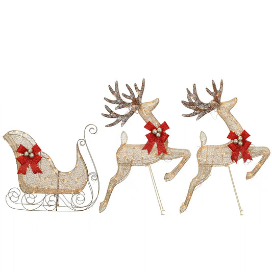 42 in. Glittered Mesh Fabric Deer with 27 in. Sleigh and Lights, Plug-In