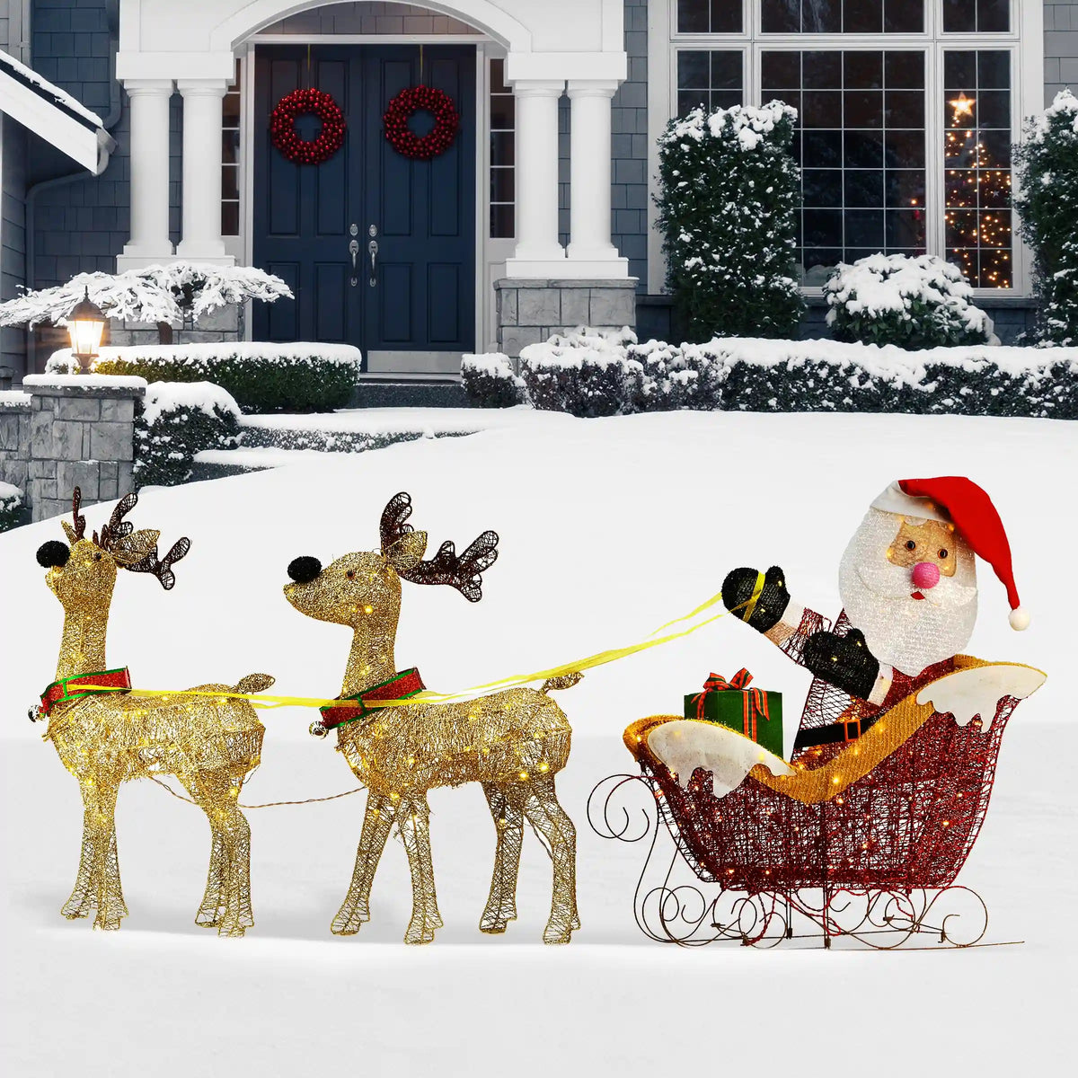 34 in. Santa and Reindeer with Clear Lights, Plug-In