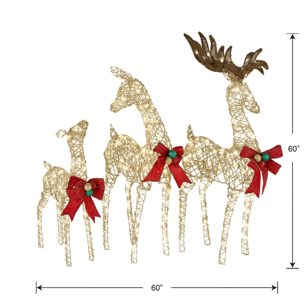 60 in., 52 in. and 36 in. Champagne Glitter Deer Family with 370 Warm White LED Lights, Plug-In