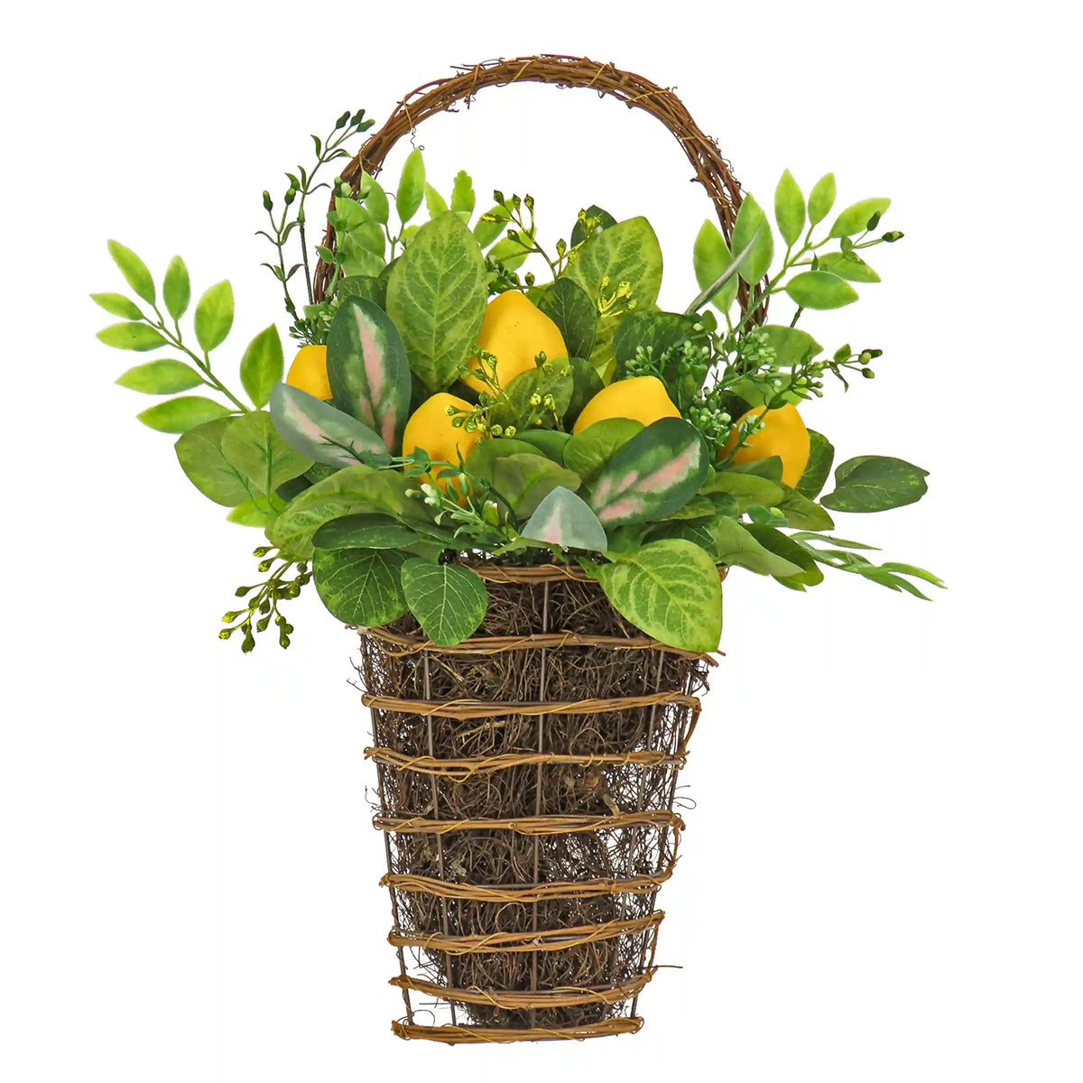 21 in. Spring Wall Hanging Basket with Lemons, Seed Pods, Leafy Greens