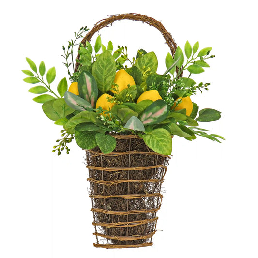 21 in. Spring Wall Hanging Basket with Lemons, Seed Pods, Leafy Greens