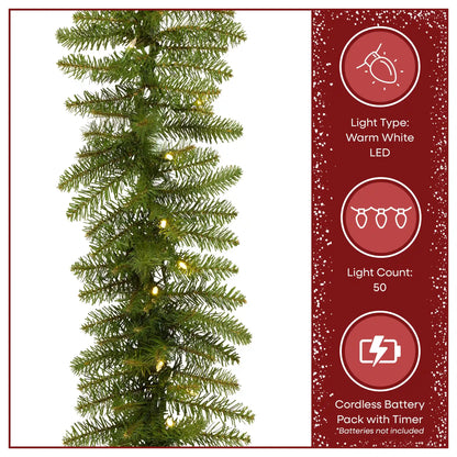 9 ft. Pre-Lit Northvale Fir Garland with Warm White LED Lights, Plug-in