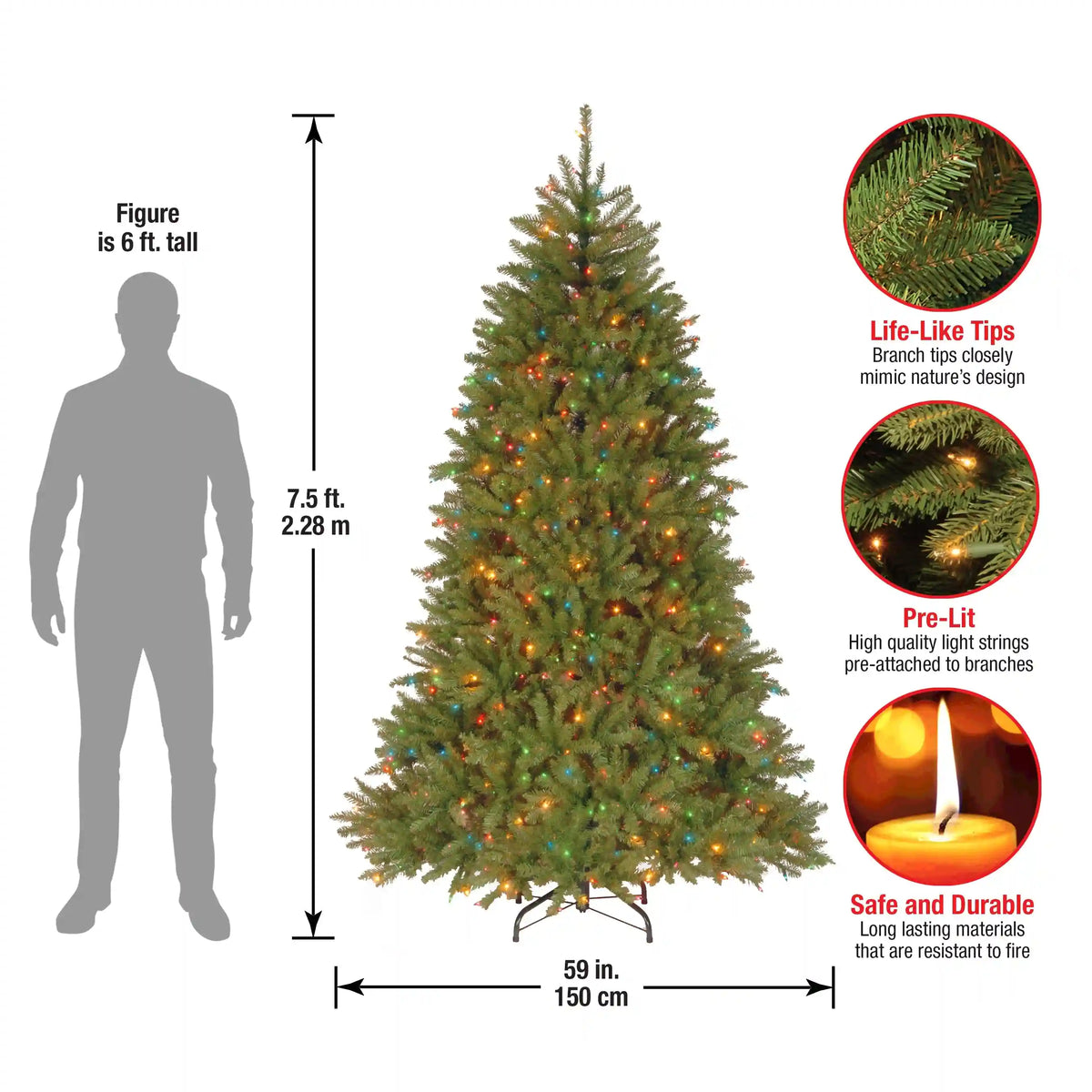 7.5 ft. Pre-Lit Dunhill Fir Tree with Multicolor Lights, Plug-In