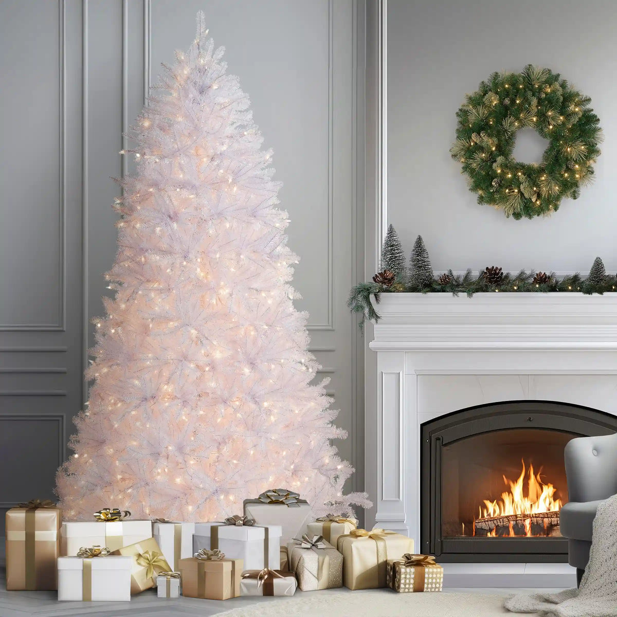 9 ft. Pre-Lit Dunhill Fir White Tree with Clear Lights, Plug-In