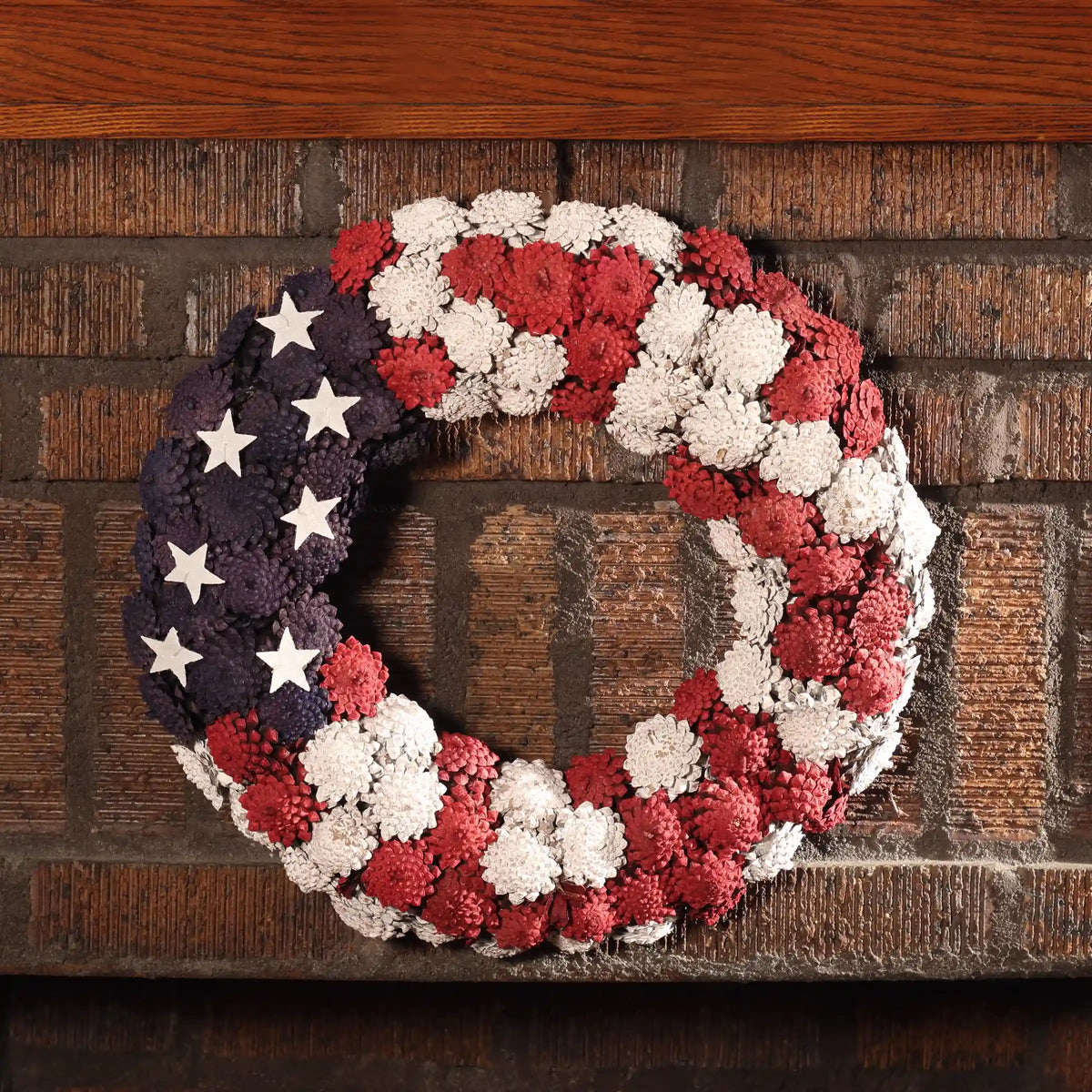8 in. Patriotic Wreath with Red White and Blue Pine Cones White Stars