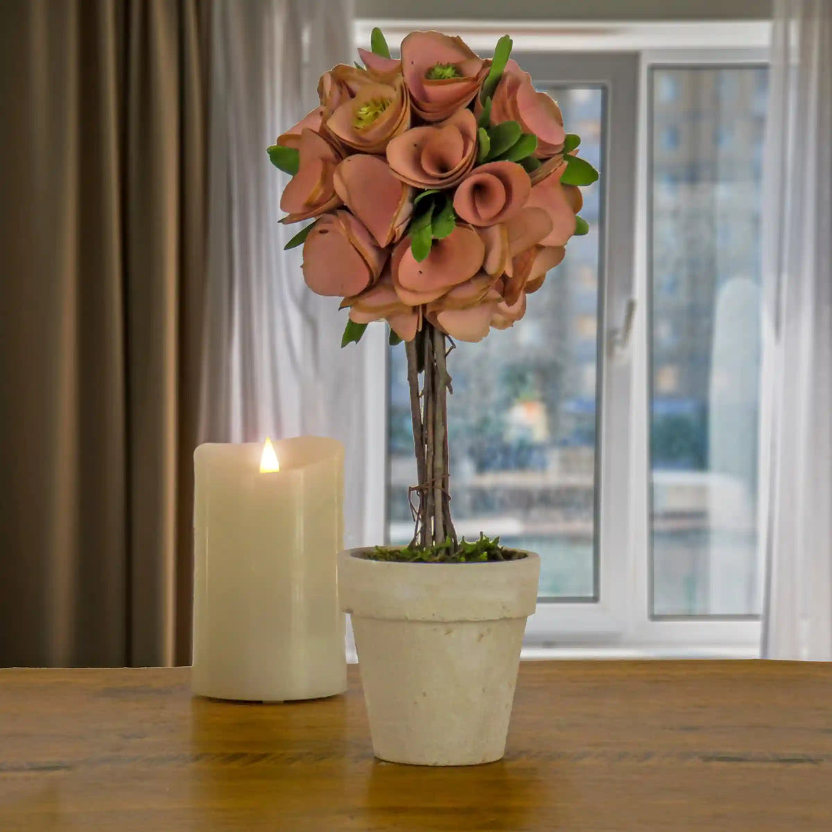 12 in. Spring Topiary with Pink Floral Blooms, White Pot Base
