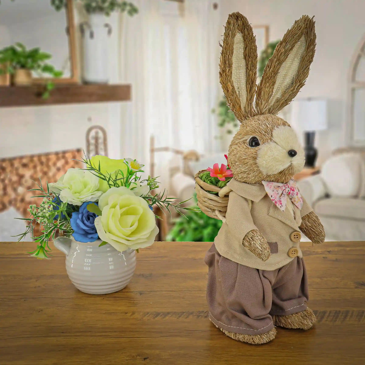 14 in. Dapper Dressed Male Bunny with Floral Bowtie Table Decoration
