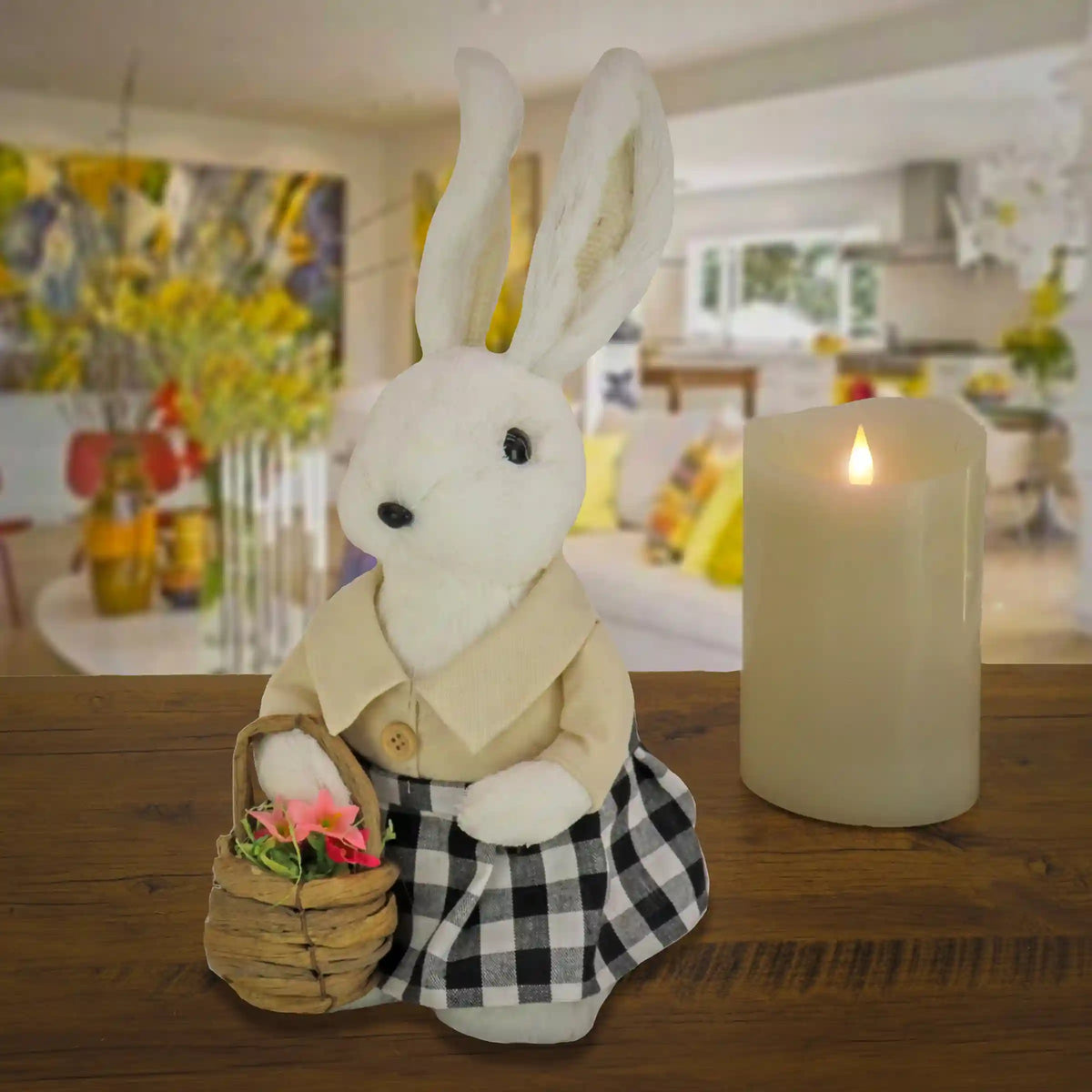 12 in. Fluffy Female Bunny Holding Flower Basket Table Decoration