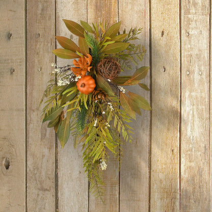 26 in. Wall Flower Swag Fall Decoration with Fern Fronds, Leaves, Pumpkins, Twig Cones