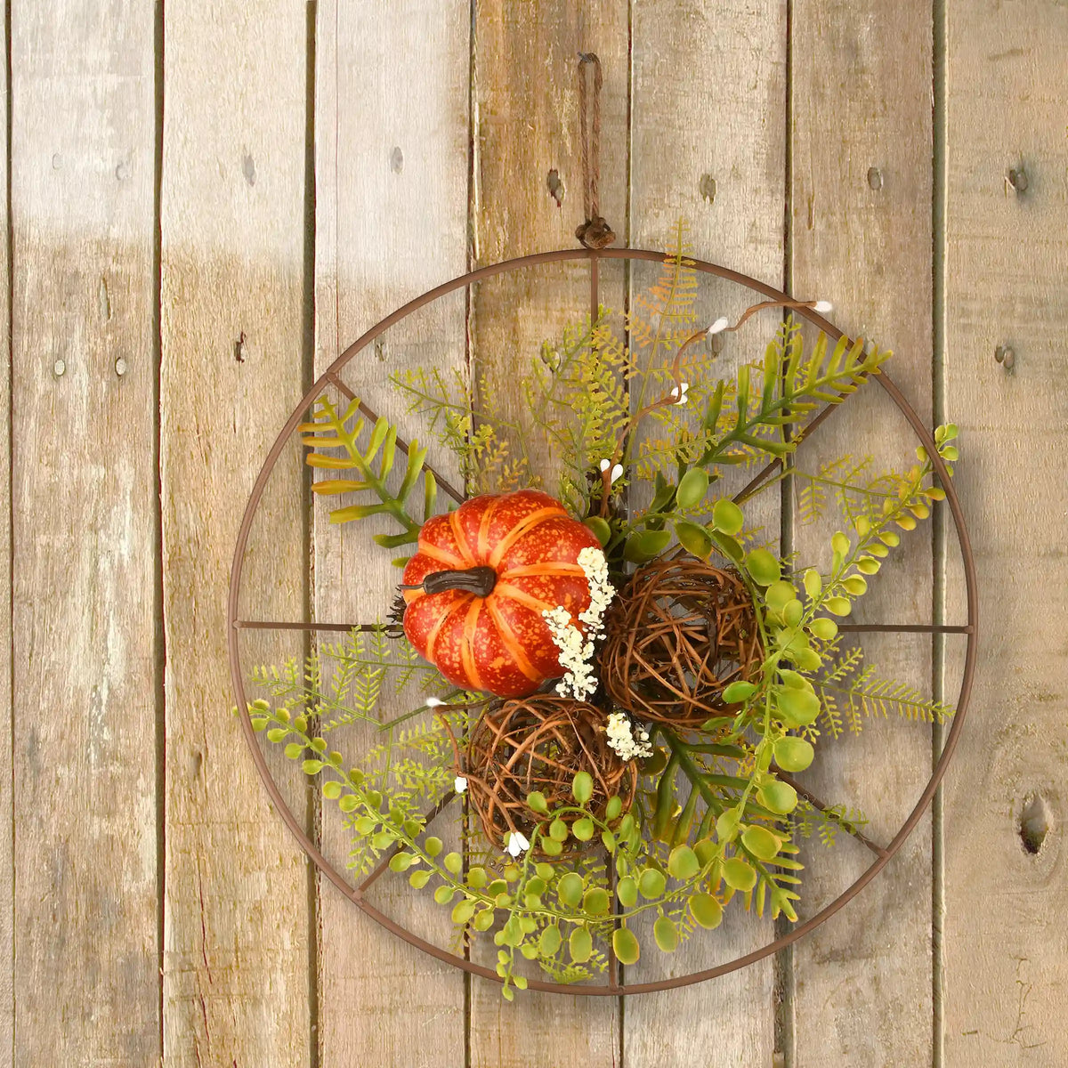13 in. Flower Circle Hanging Fall Decoration with Fern Fronds, Leaves, Pumpkins, Twig Cones