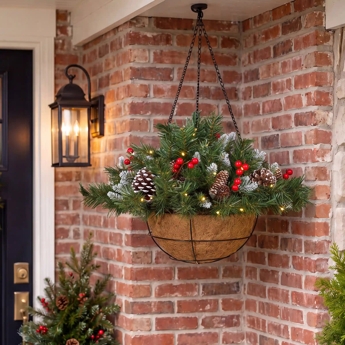 20 in. Pre-Lit  Frosted Berry Hanging Basket with Warm White LED Lights