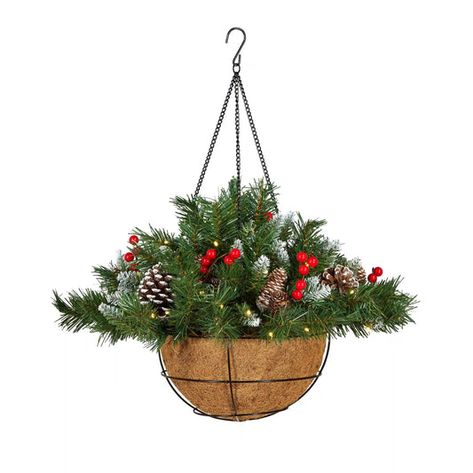 20 in. Pre-Lit  Frosted Berry Hanging Basket with Warm White LED Lights