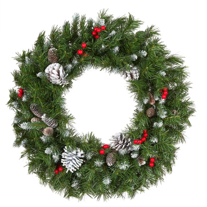 24 in. Frosted Berry Wreath with Pine Cones and Red Berries